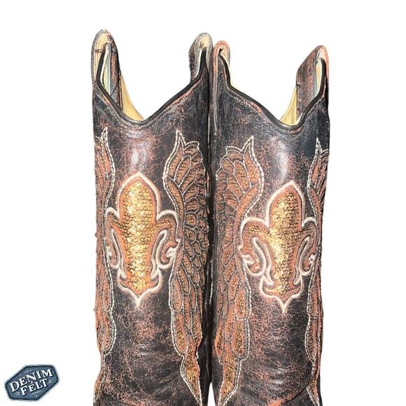 CORRAL WOMENS FLOR DE LIS WINGS BROWN LEATHER SEQUIN WESTERN COWBOY BOOTS - Picture 4 of 16